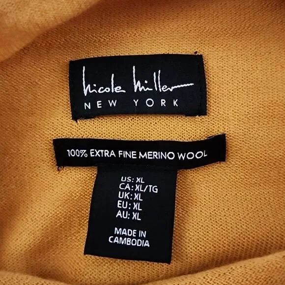 Nicole Miller Women's 100% Extra Fine Merino Wool Mock Neck Mustard Top Size XL - Picture 3 of 8